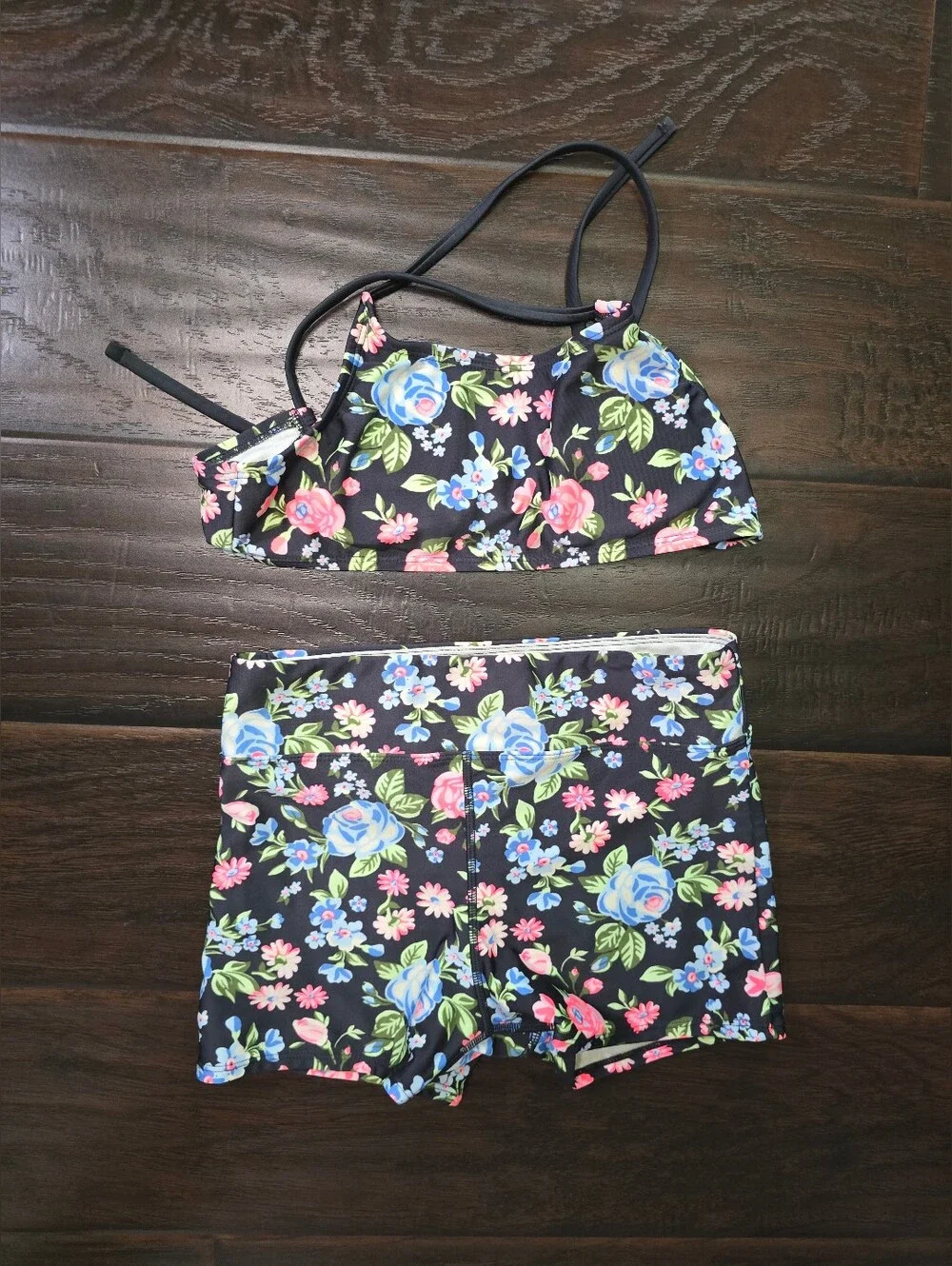 Art Class Girls Black Floral Bike Short 2 piece Swimsuit Large